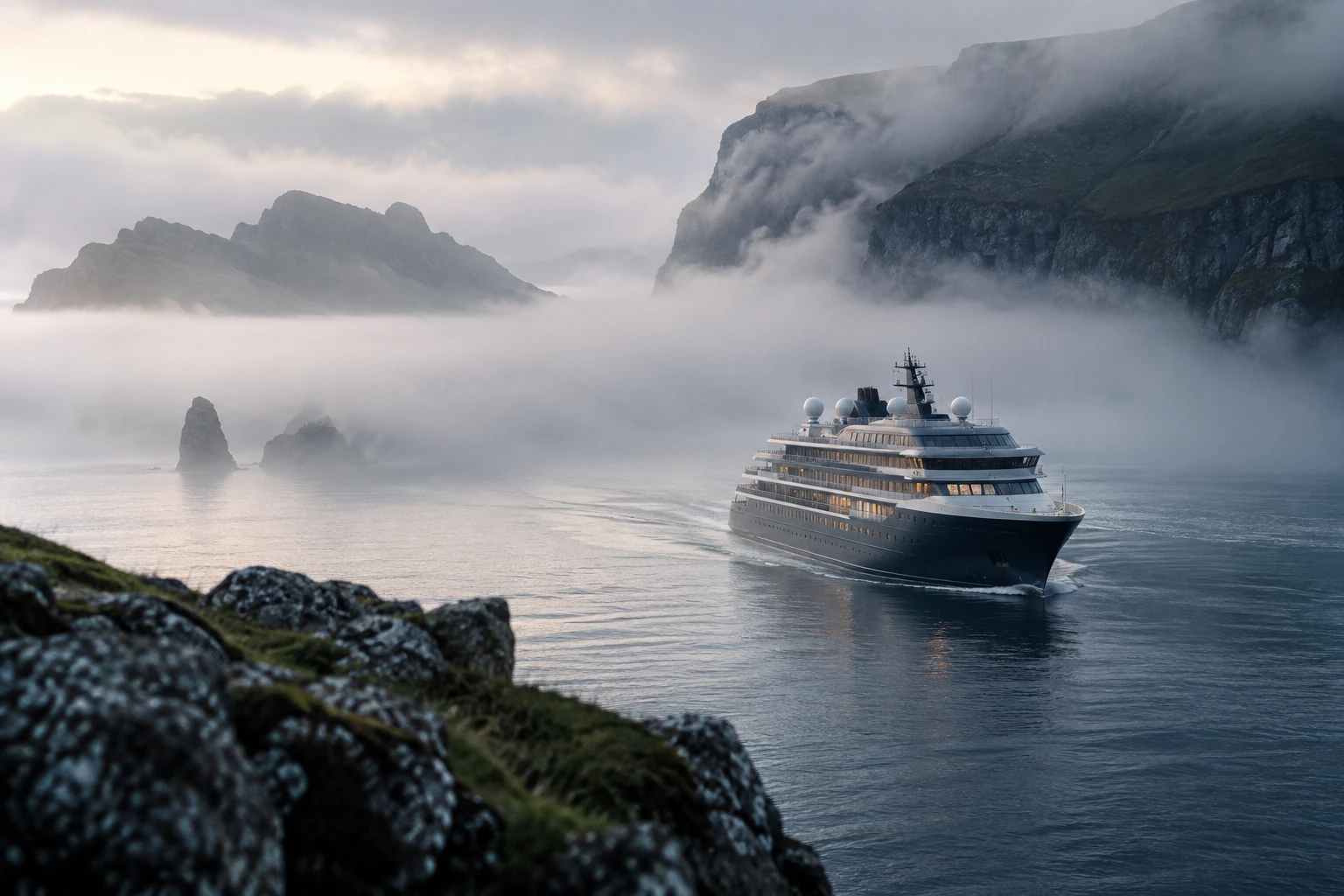 Private-scale cruise ship in pale mist near the British Isles