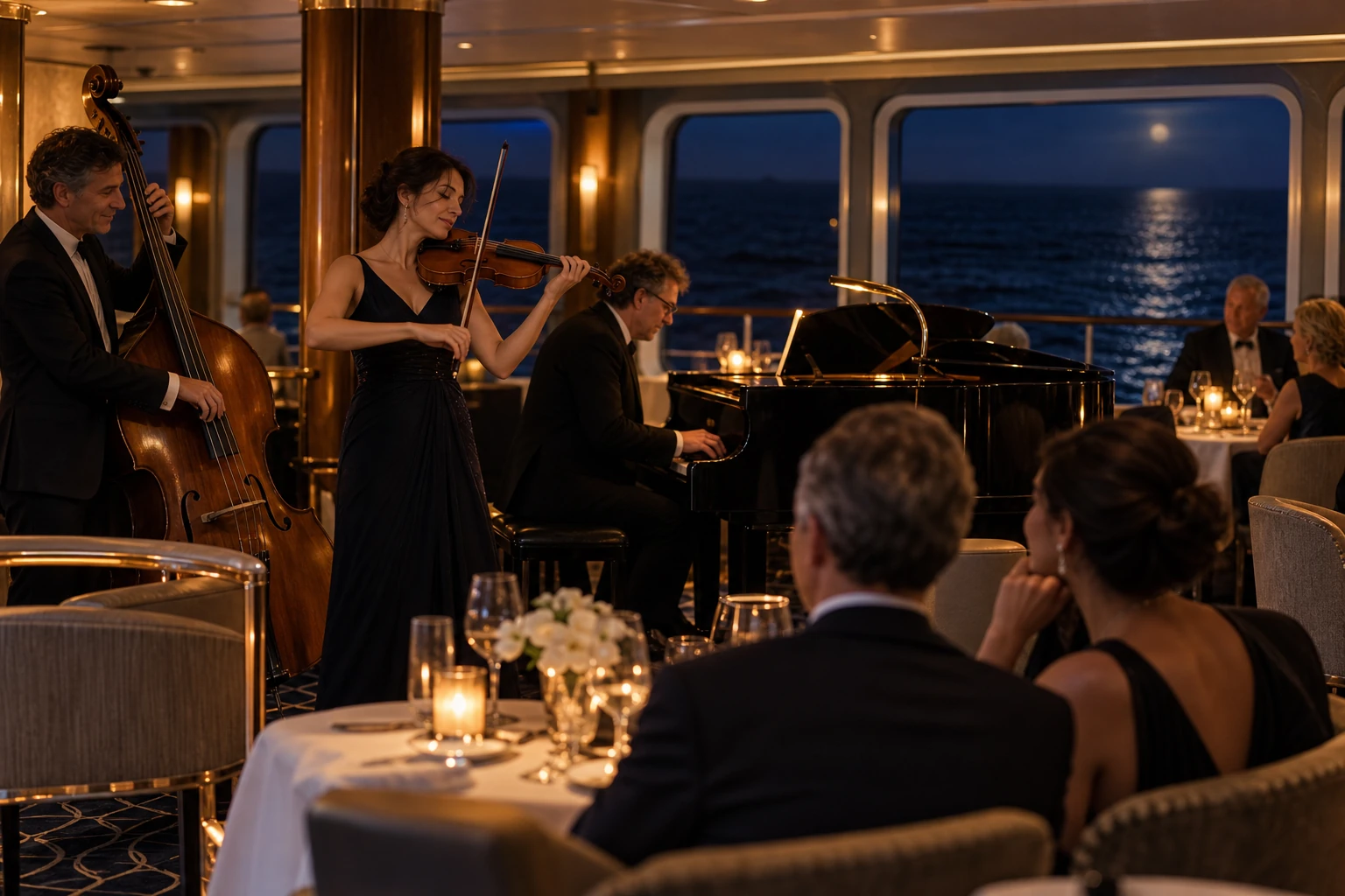 Intimate music and dinner aboard a cruise ship after sunset